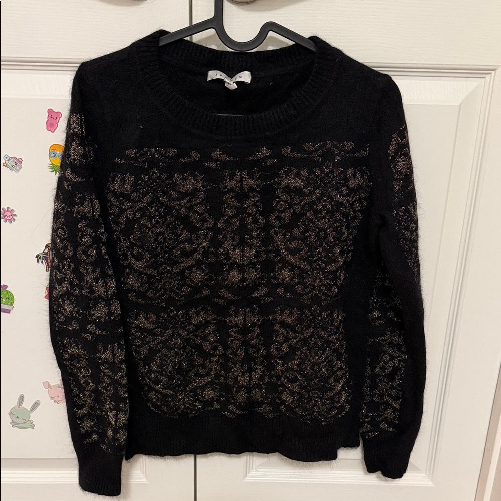 Sandro Black Crewneck Sweater with Bronze Metallic Pattern